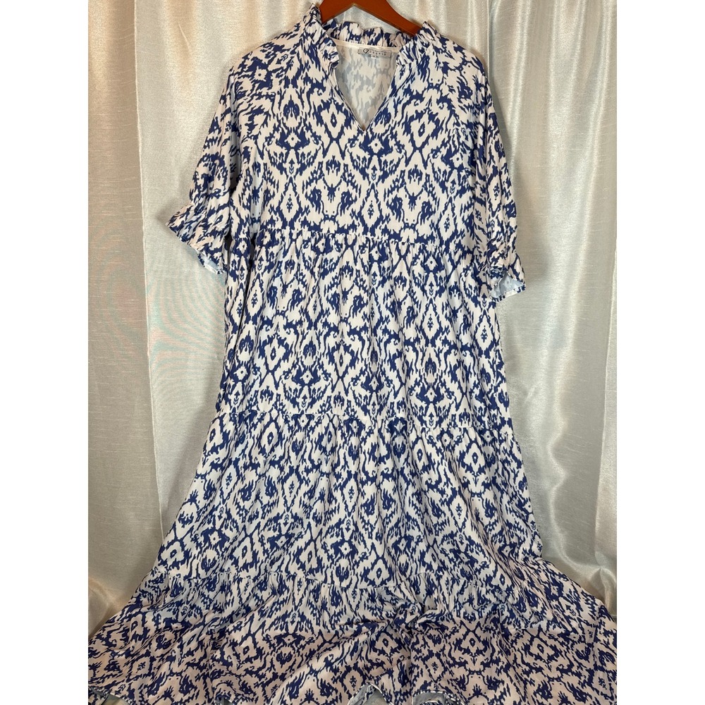 CEZELE Collection‎ Blue White Ikat Print Tiered Maxi Dress Size M